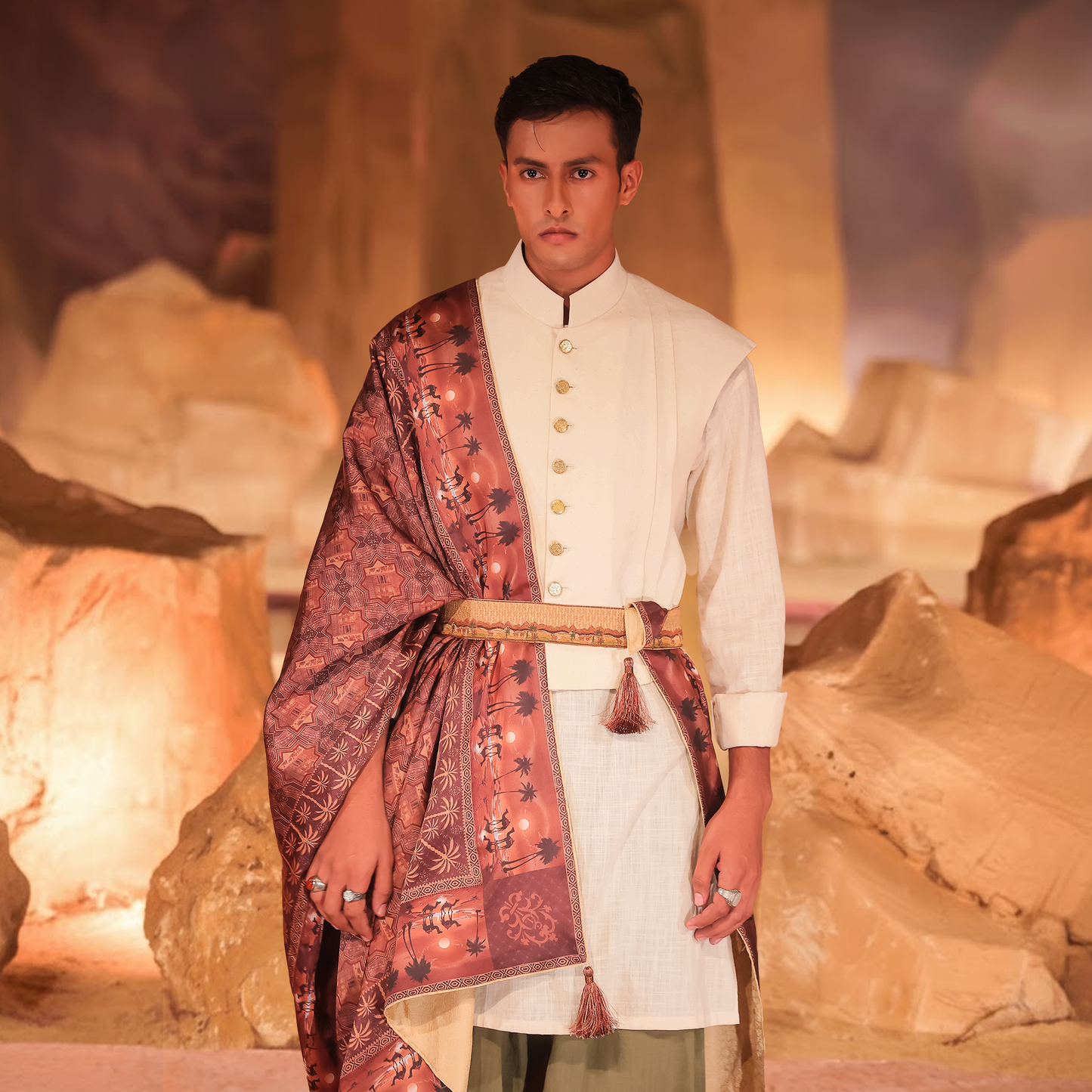 Raw-Finish Linen Kurta with Pleated Waistcoat and Nakhlistan Shawl