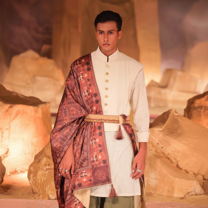 Raw-Finish Linen Kurta with Pleated Waistcoat and Nakhlistan Shawl