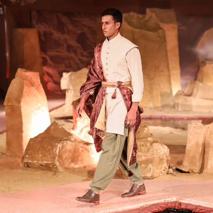 Raw-Finish Linen Kurta with Pleated Waistcoat and Nakhlistan Shawl