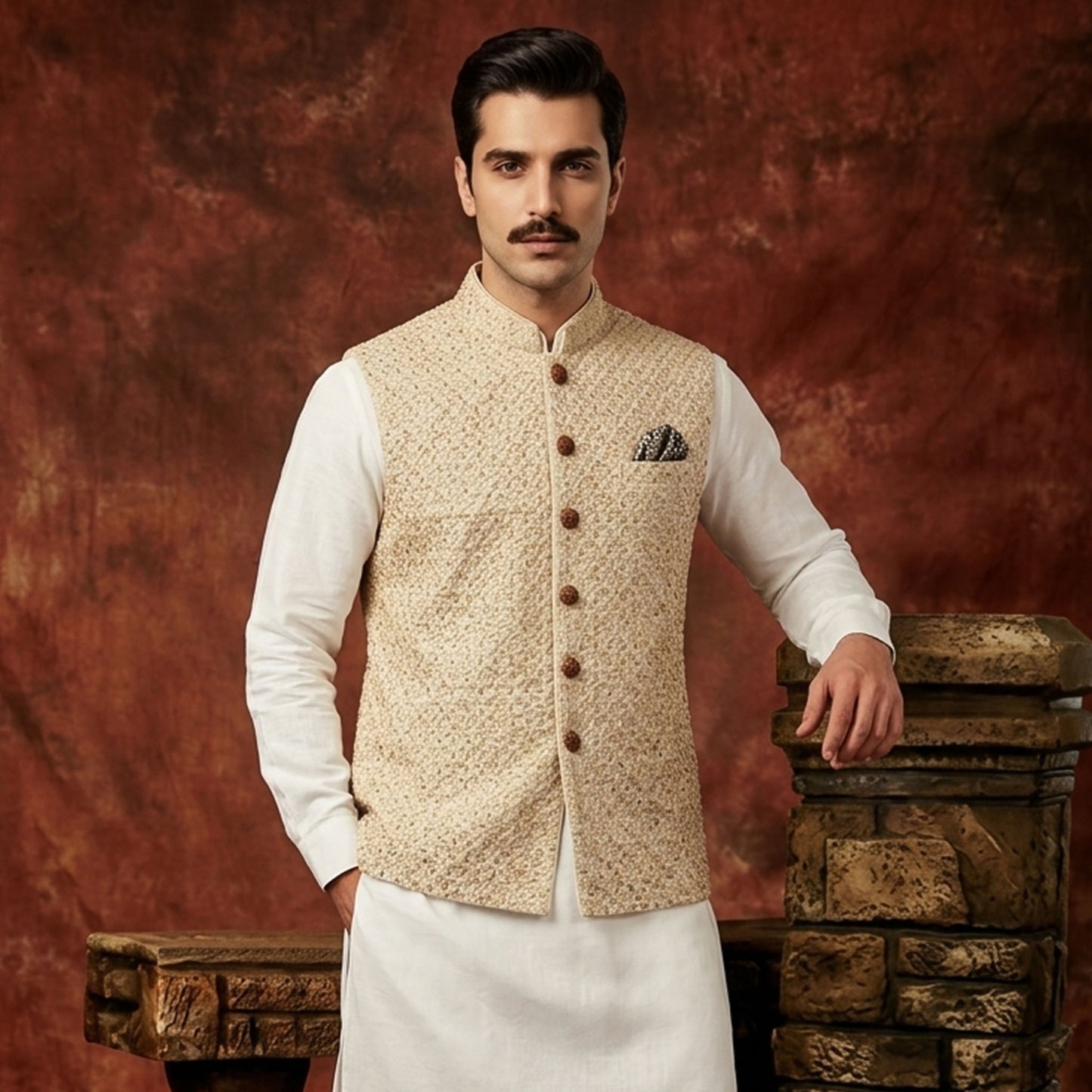 Raw Silk Cut Dana Emb Beige Couture Waistcoat