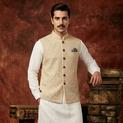 Raw Silk Cut Dana Emb Beige Couture Waistcoat