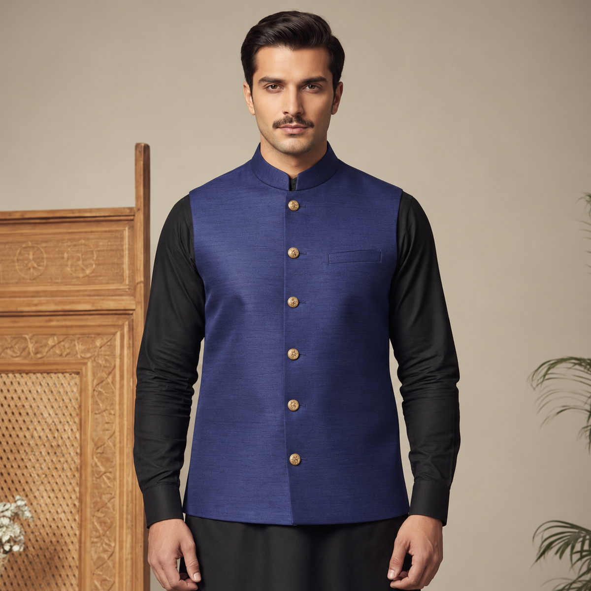 Raw Silk Navy Waistcoat