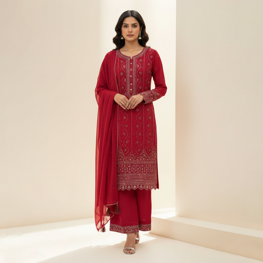 Red Kamdani 3 Pc Dress