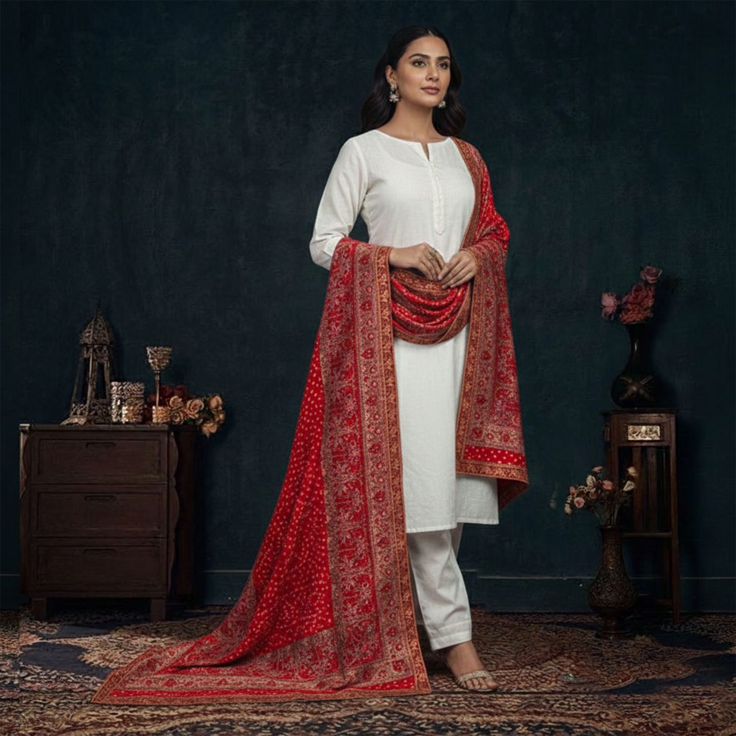 Red Masori Jamawar chunri Emb shawl