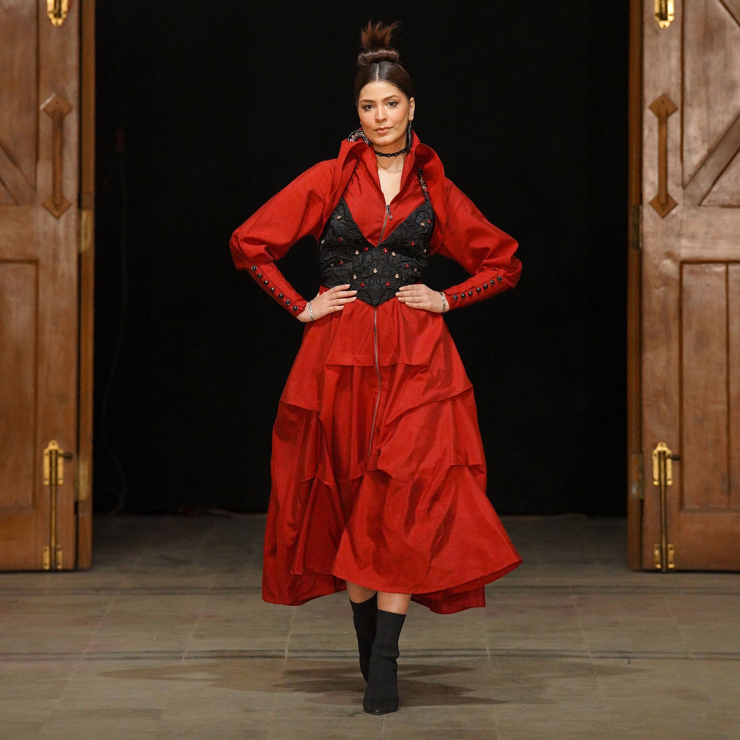 Red Open-Front Avant-Garde Dress with Embroidered Blouse