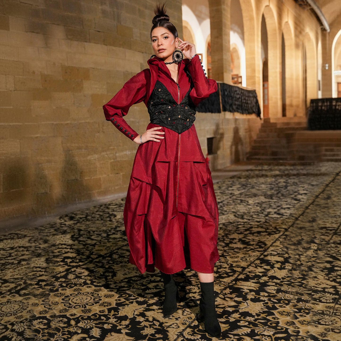 Red Open-Front Avant-Garde Dress with Embroidered Blouse