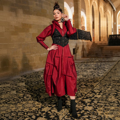 Red Open-Front Avant-Garde Dress with Embroidered Blouse