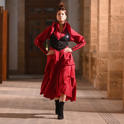 Red Open-Front Avant-Garde Dress with Embroidered Blouse