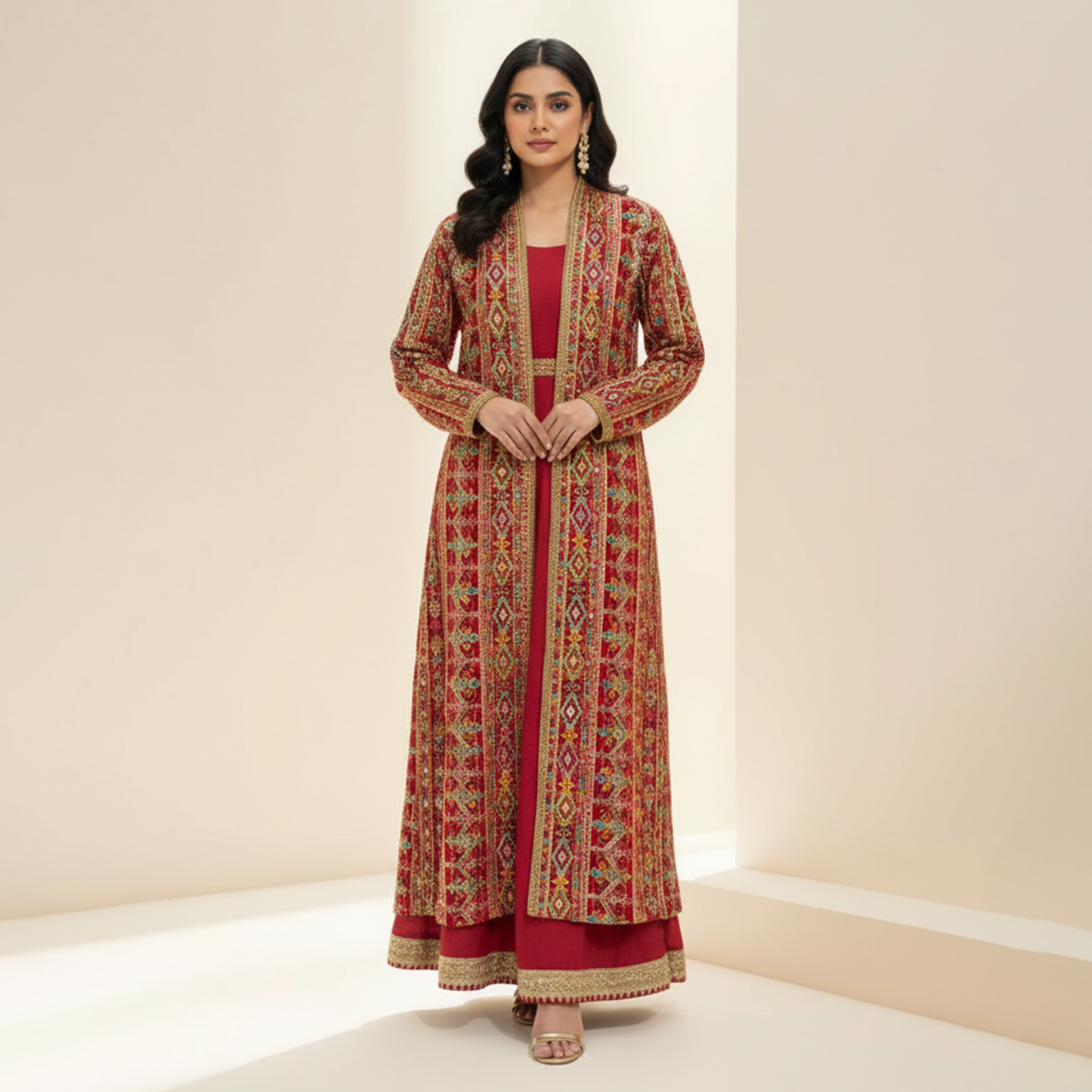 Red Open-Front Embroidered Chiffon Jacket 2 Pc