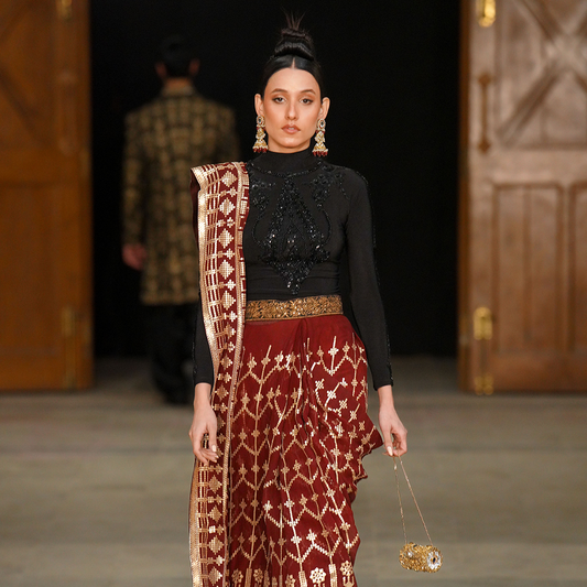 Red and Gold Draped Couture Saree with Embroidered Belt