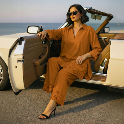 Rust Shirt Collar Co-ord Set