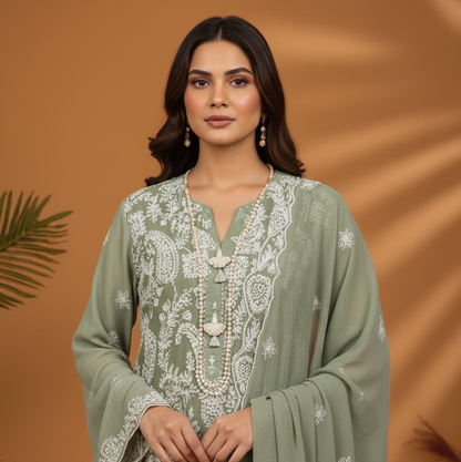 Sage Green Paisley Emb 3 pc Dress