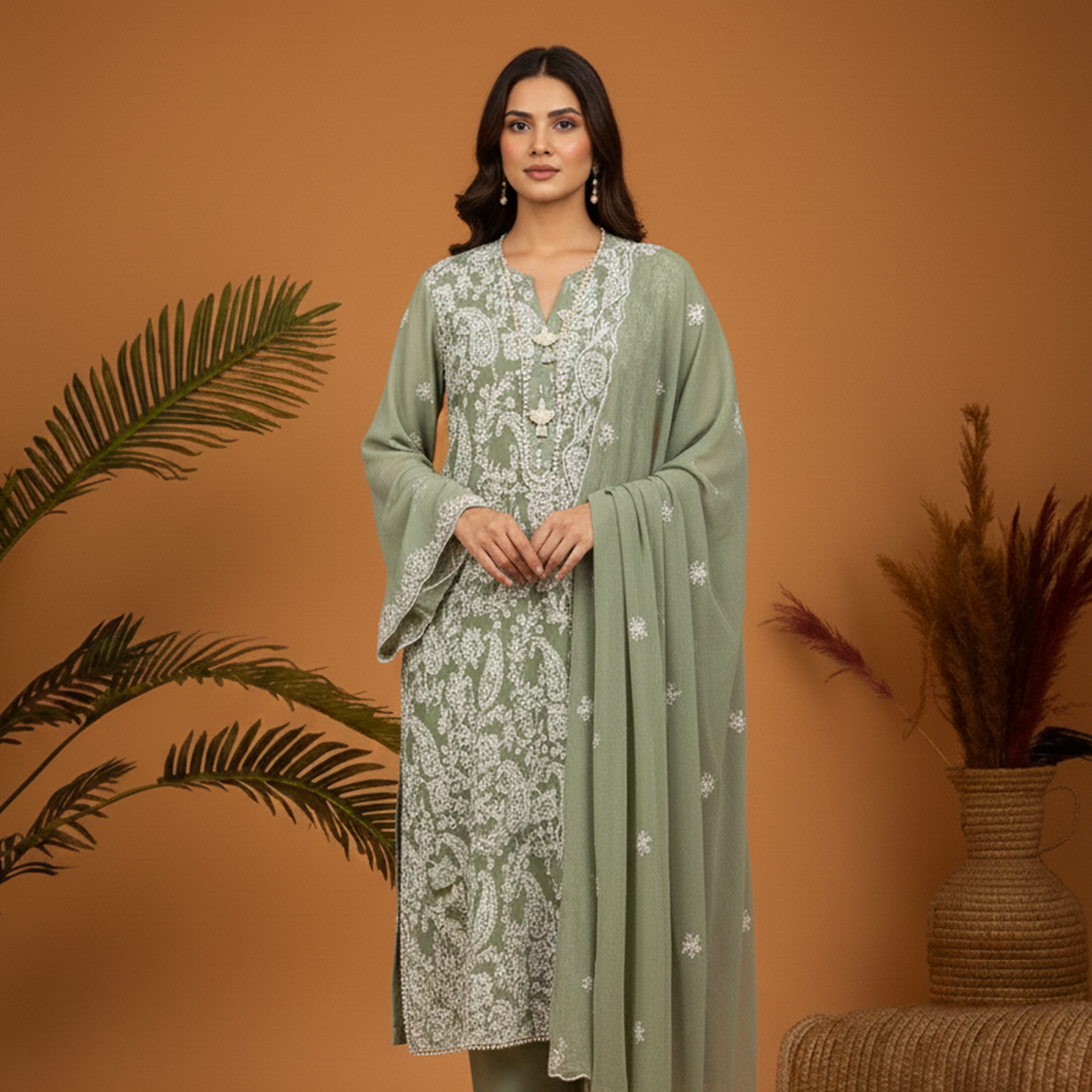 Sage Green Paisley Emb 3 pc Dress
