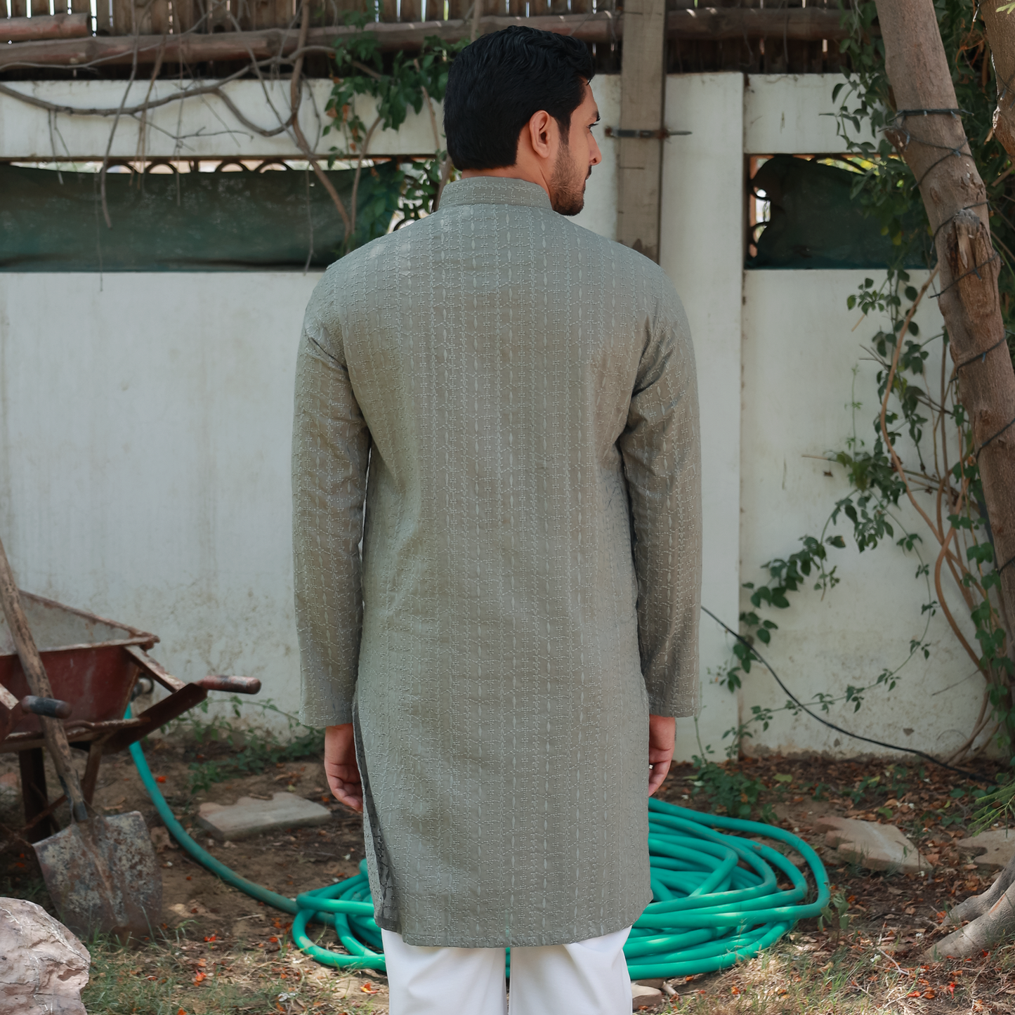 Sage Green Schiffli Cotton Slim Fit Kurta