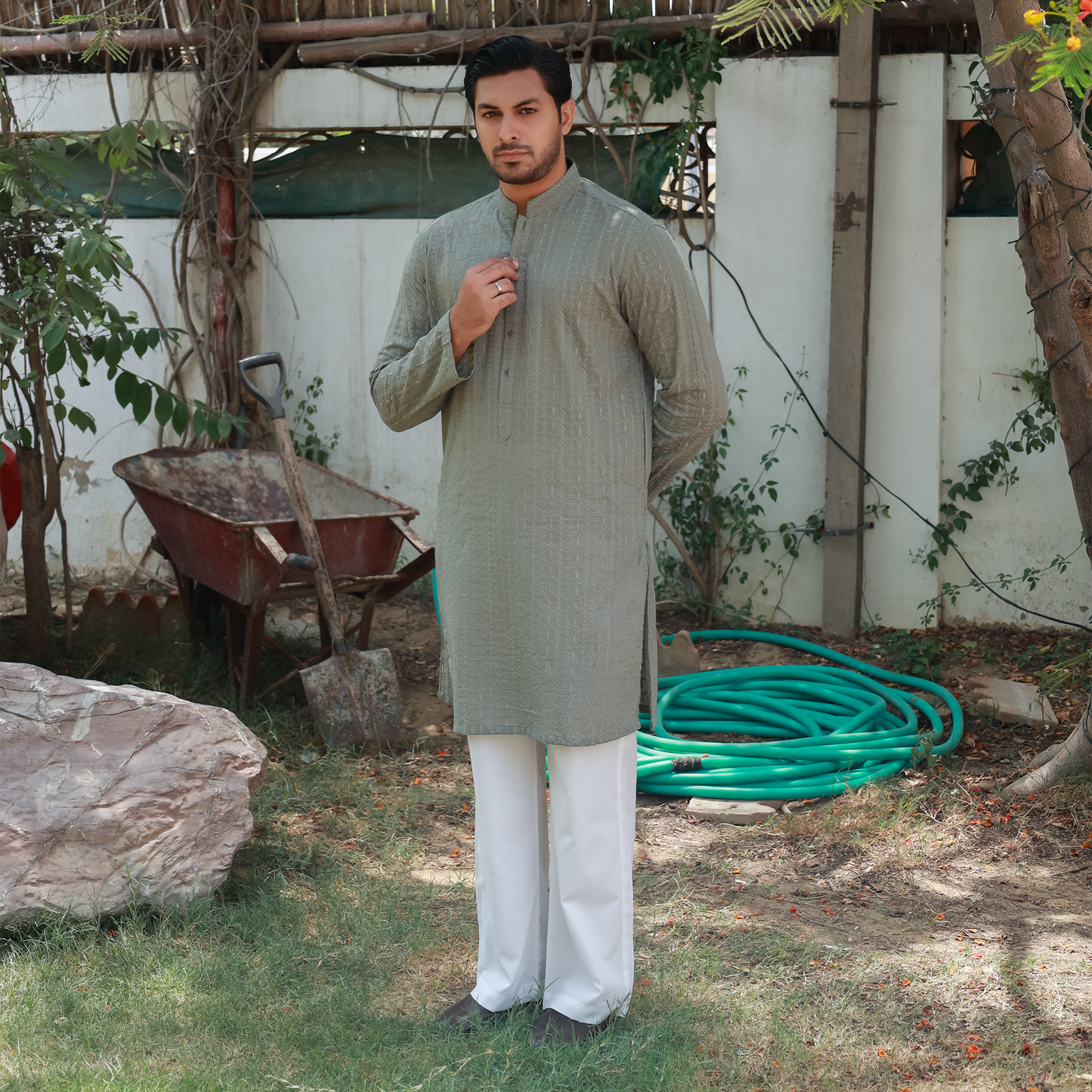 Sage Green Schiffli Cotton Slim Fit Kurta