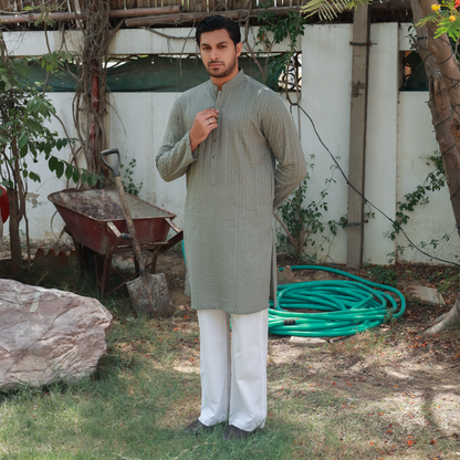 Sage Green Schiffli Cotton Slim Fit Kurta