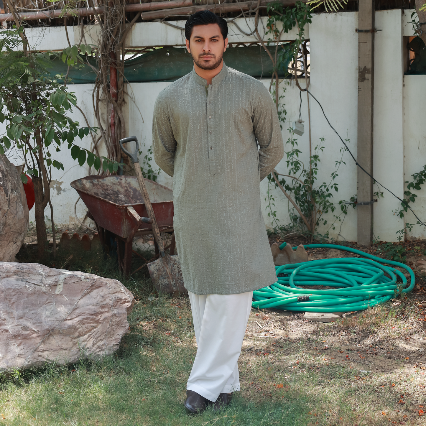Sage Green Schiffli Cotton Slim Fit Kurta