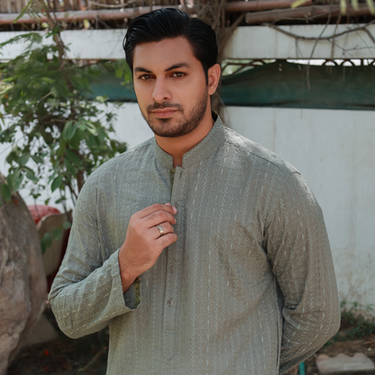 Sage Green Schiffli Cotton Slim Fit Kurta