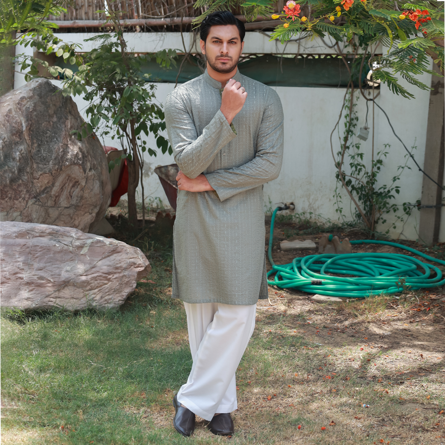Sage Green Schiffli Cotton Slim Fit Kurta