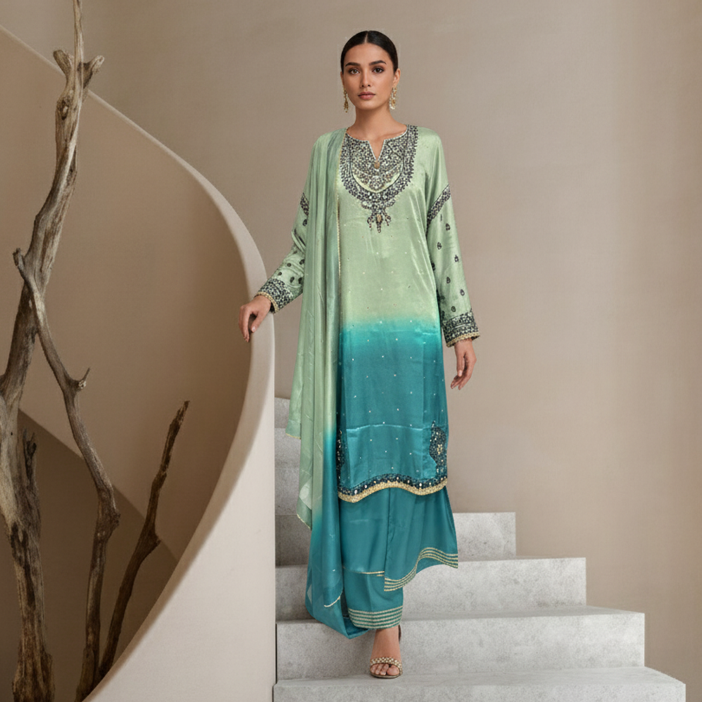 Sage and Teal Blue  Silk 3 Pc Dress