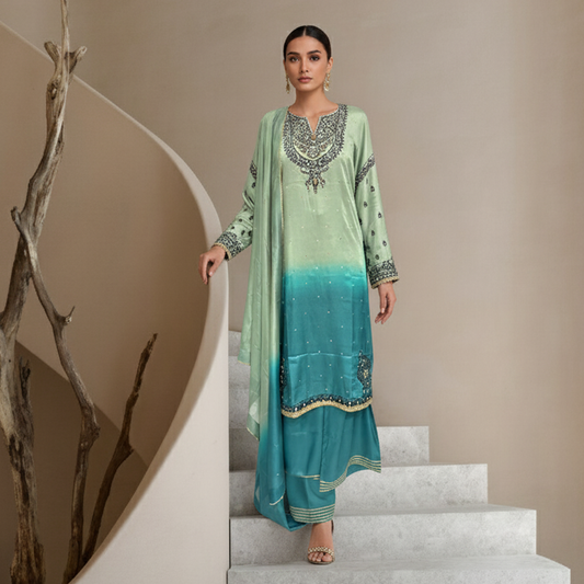 Sage and Teal Blue  Silk 3 Pc Dress