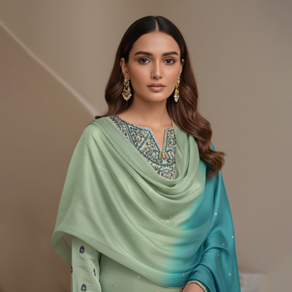 Sage and Teal Blue  Silk 3 Pc Dress