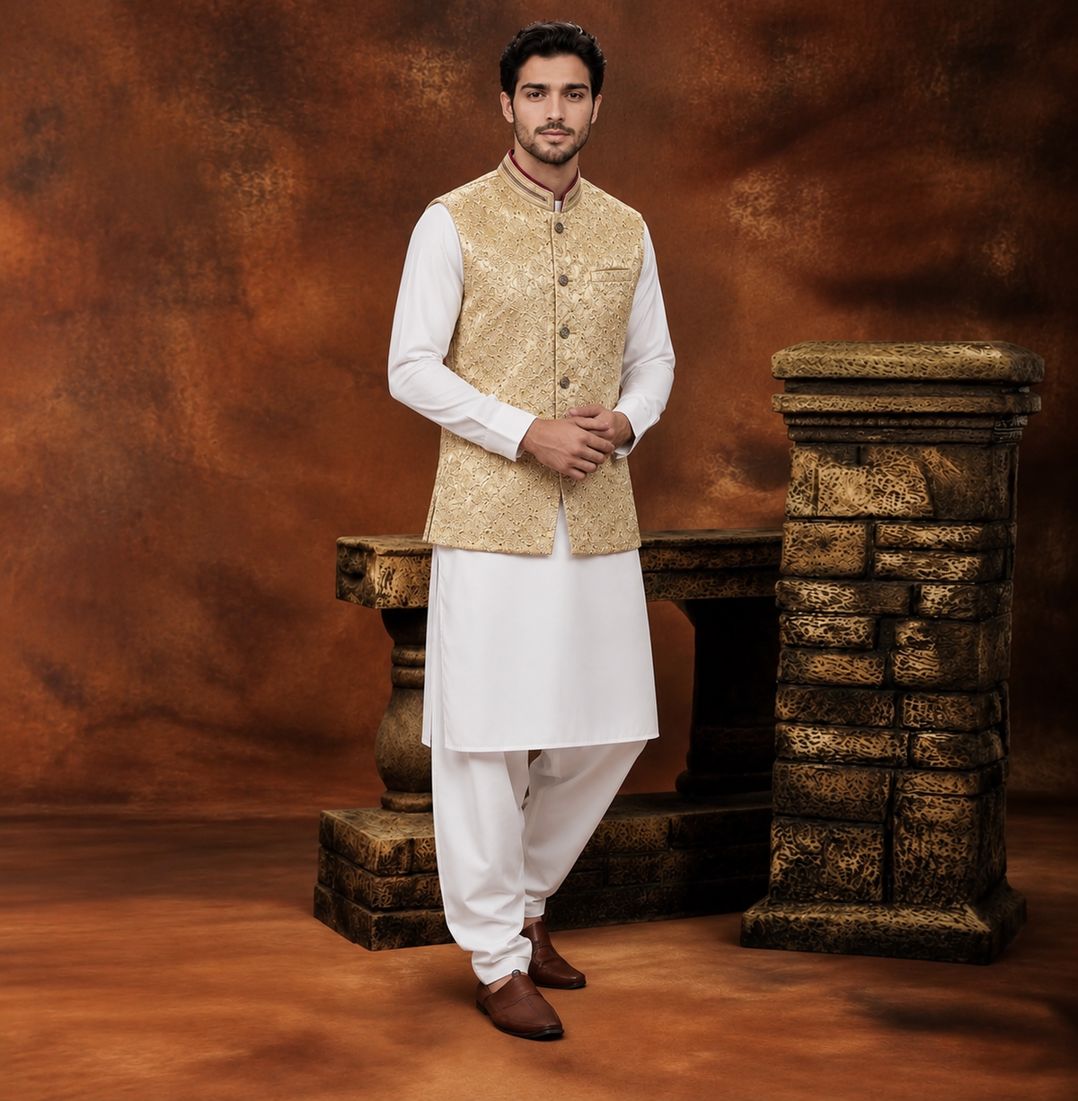 Satin Silk Gold Embroidered Traditional Waistcoat