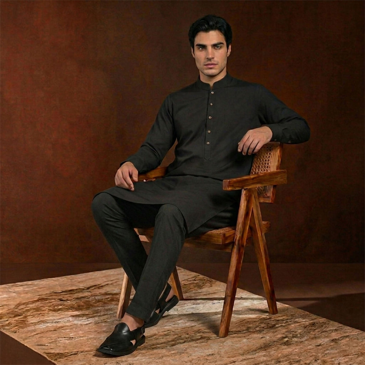 Slim Fit Black Band Collar Emb Suit