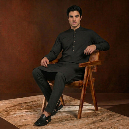 Slim Fit Black Band Collar Emb Suit