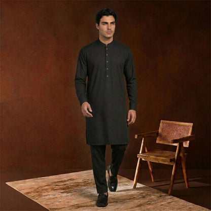 Slim Fit Black Band Collar Emb Suit