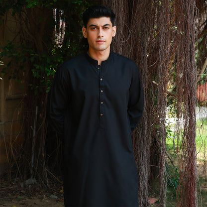 Slim Fit Black Band Collar Plain Suit
