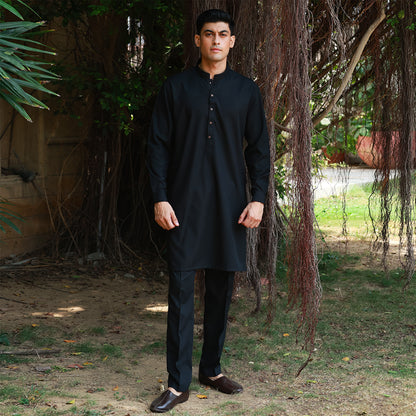 Slim Fit Black Band Collar Plain Suit
