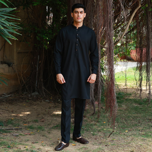 Slim Fit Black Band Collar Plain Suit