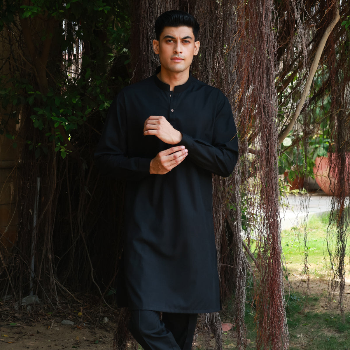 Slim Fit Black Band Collar Plain Suit
