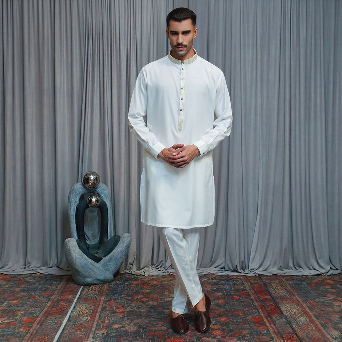 Slim Fit Cloud Dancer Emb Band Collar Suit