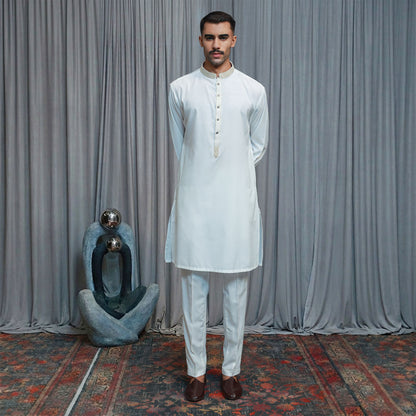 Slim Fit Cloud Dancer Emb Band Collar Suit