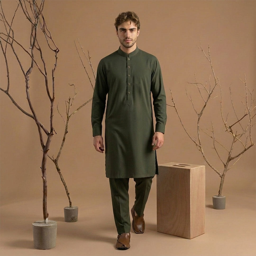 Slim Fit Dark Olive Band Collar Plain Suit