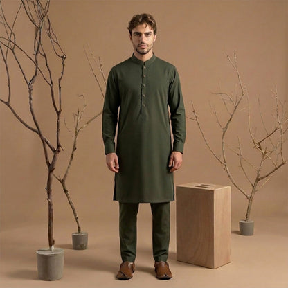 Slim Fit Dark Olive Band Collar Plain Suit
