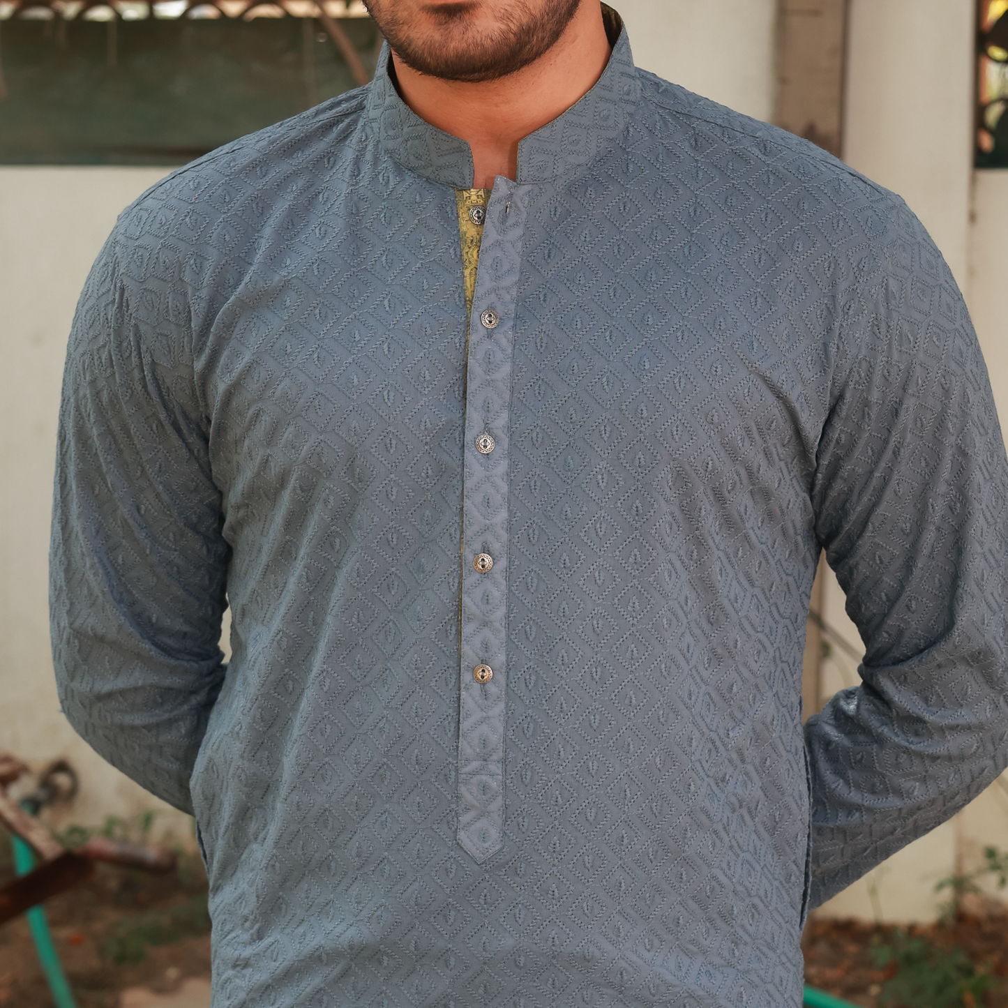 Stone Grey Schiffli Cotton Slim Fit Kurta