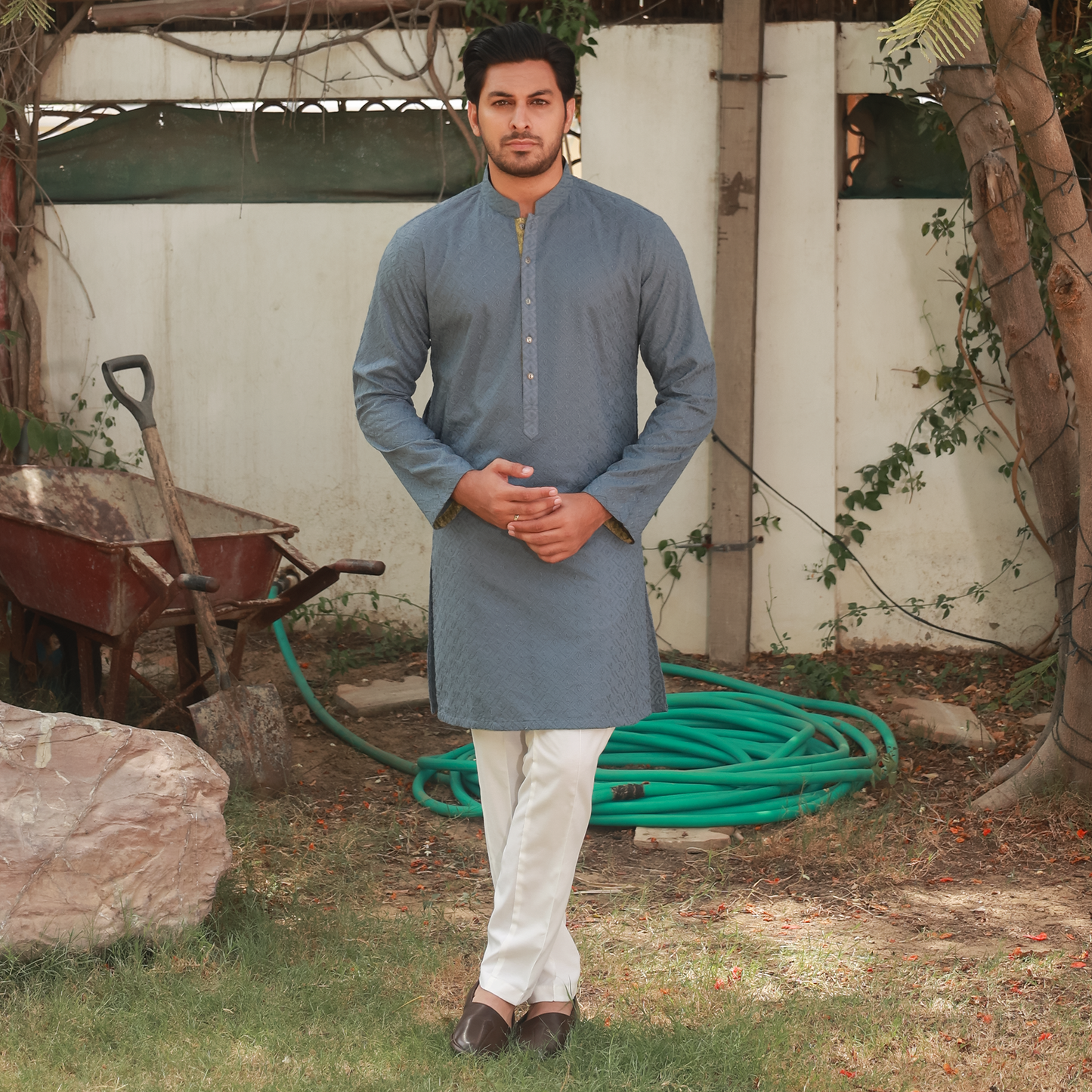 Stone Grey Schiffli Cotton Slim Fit Kurta