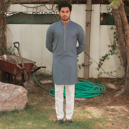 Stone Grey Schiffli Cotton Slim Fit Kurta