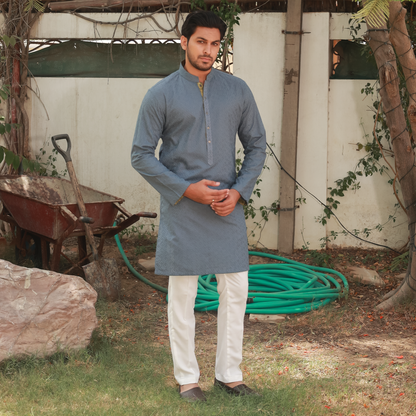 Stone Grey Schiffli Cotton Slim Fit Kurta