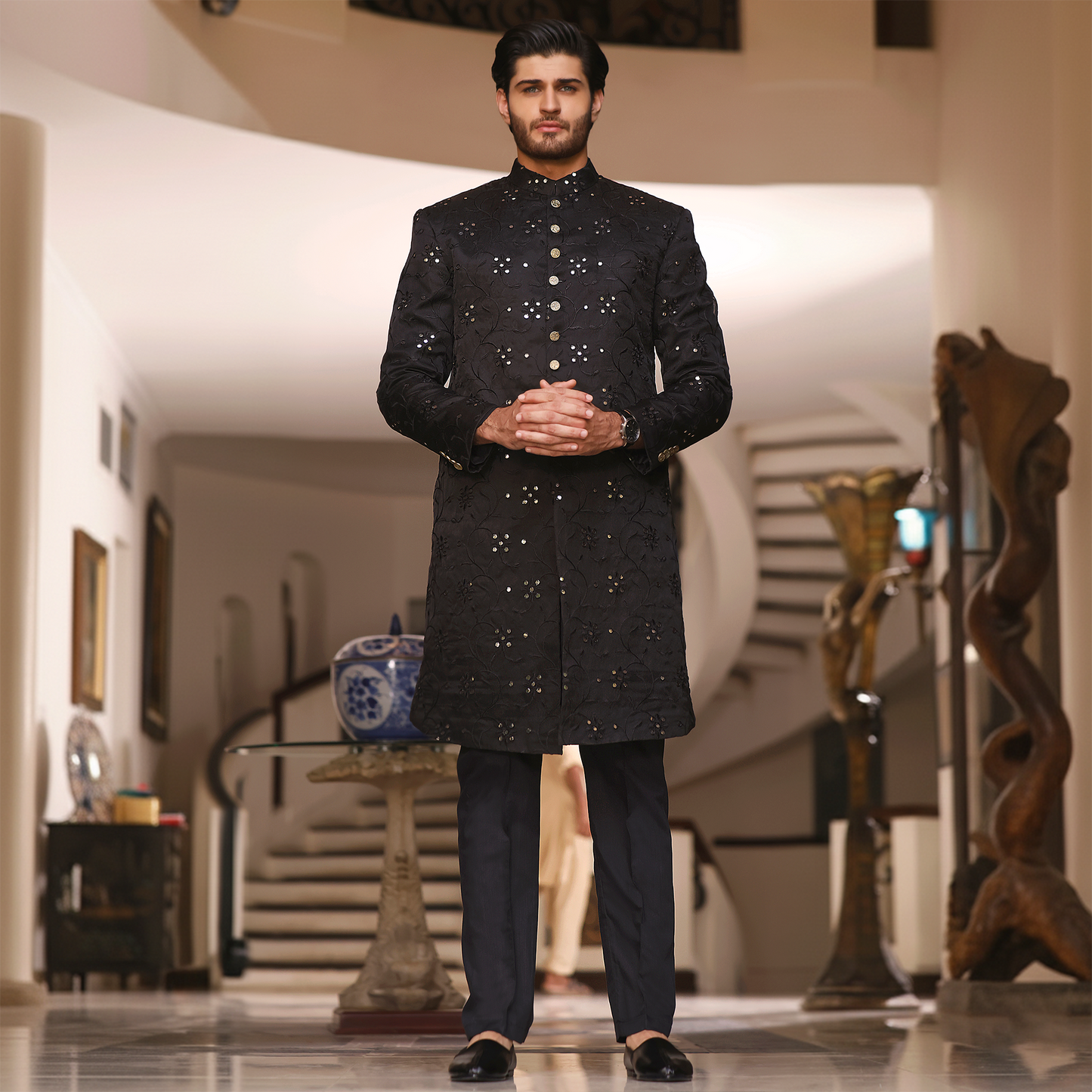 Tap Shoe Cotton Net Traditional Embroidered Sherwani