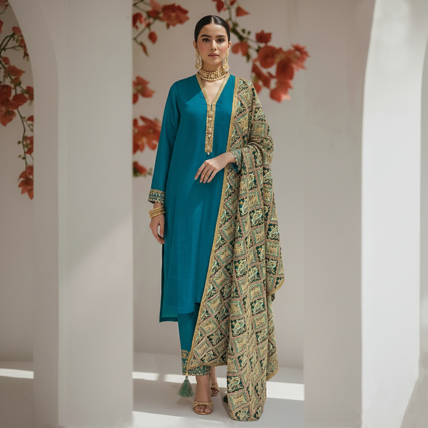 Teal Blue 2 Pc Dress With Emb Shawl