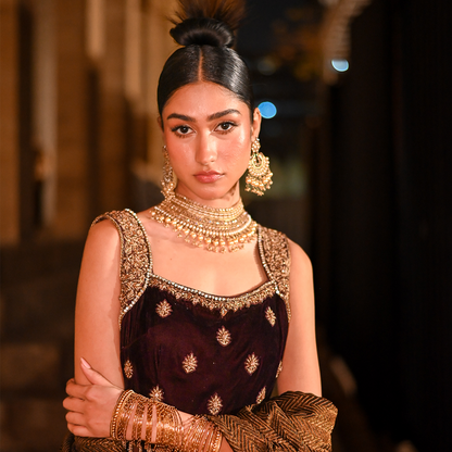 Velvet and Chiffon Maroon Couture Ensemble