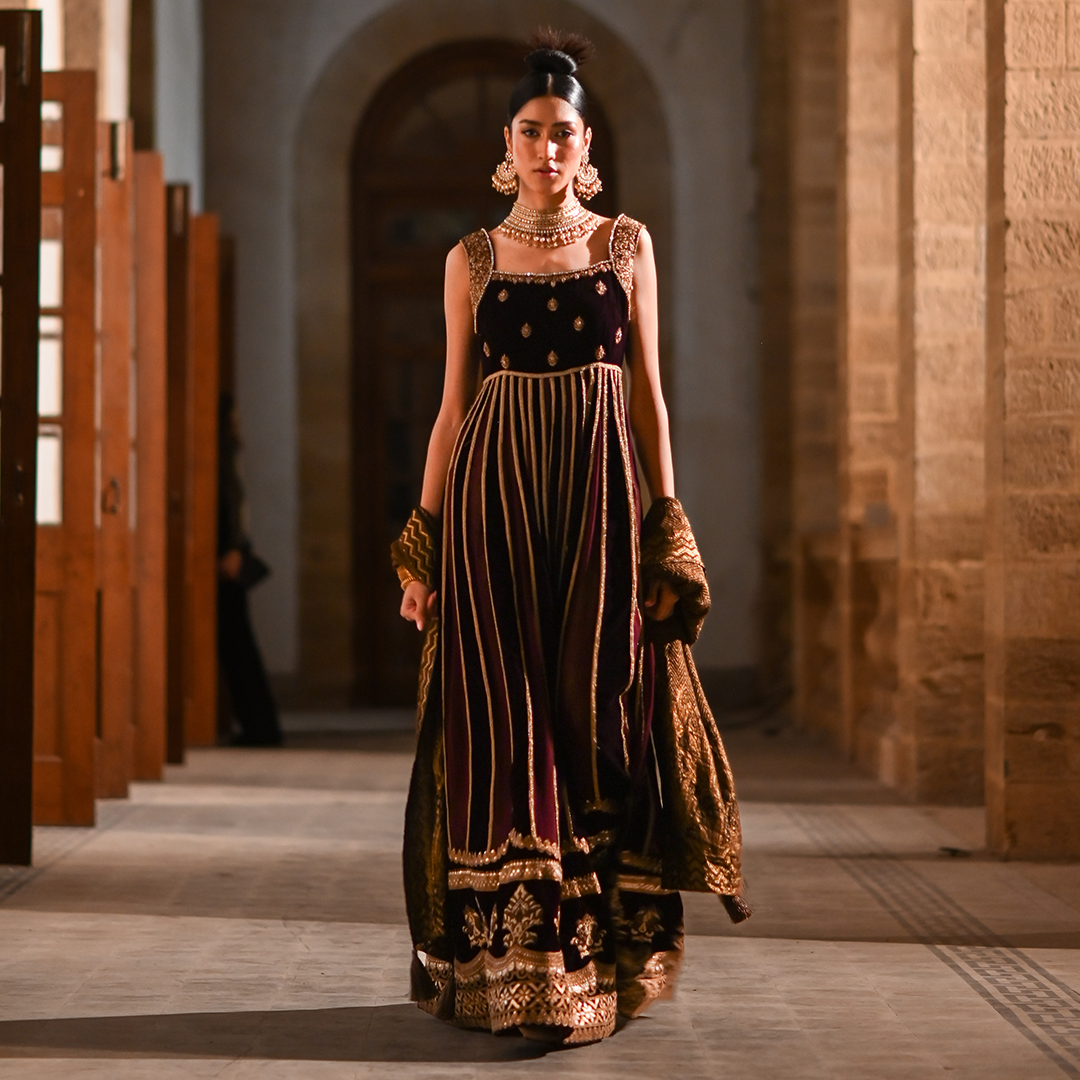 Velvet and Chiffon Maroon Couture Ensemble