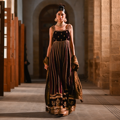 Velvet and Chiffon Maroon Couture Ensemble