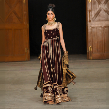 Velvet and Chiffon Maroon Couture Ensemble