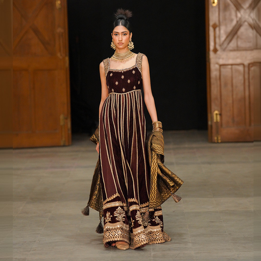 Velvet and Chiffon Maroon Couture Ensemble