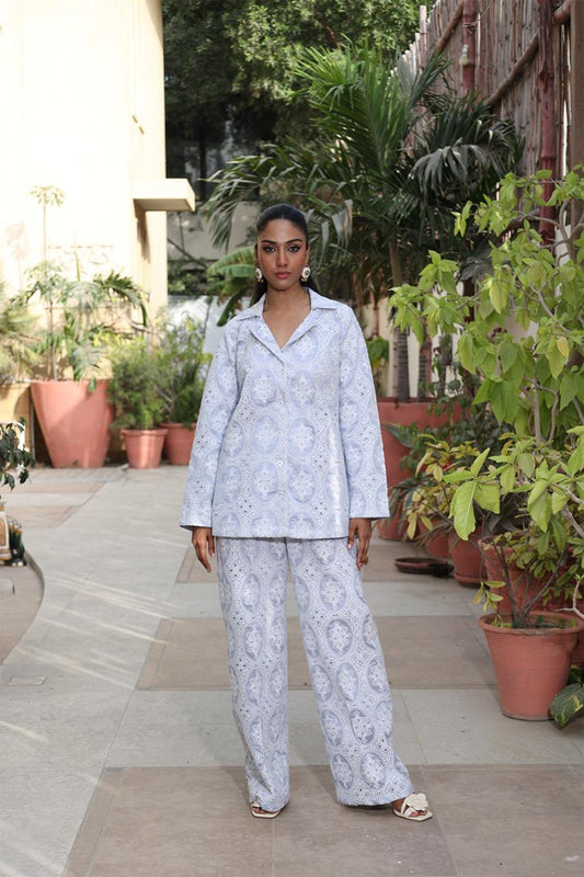 CHIKANKARI COTTON BLUE GREY 2PC
